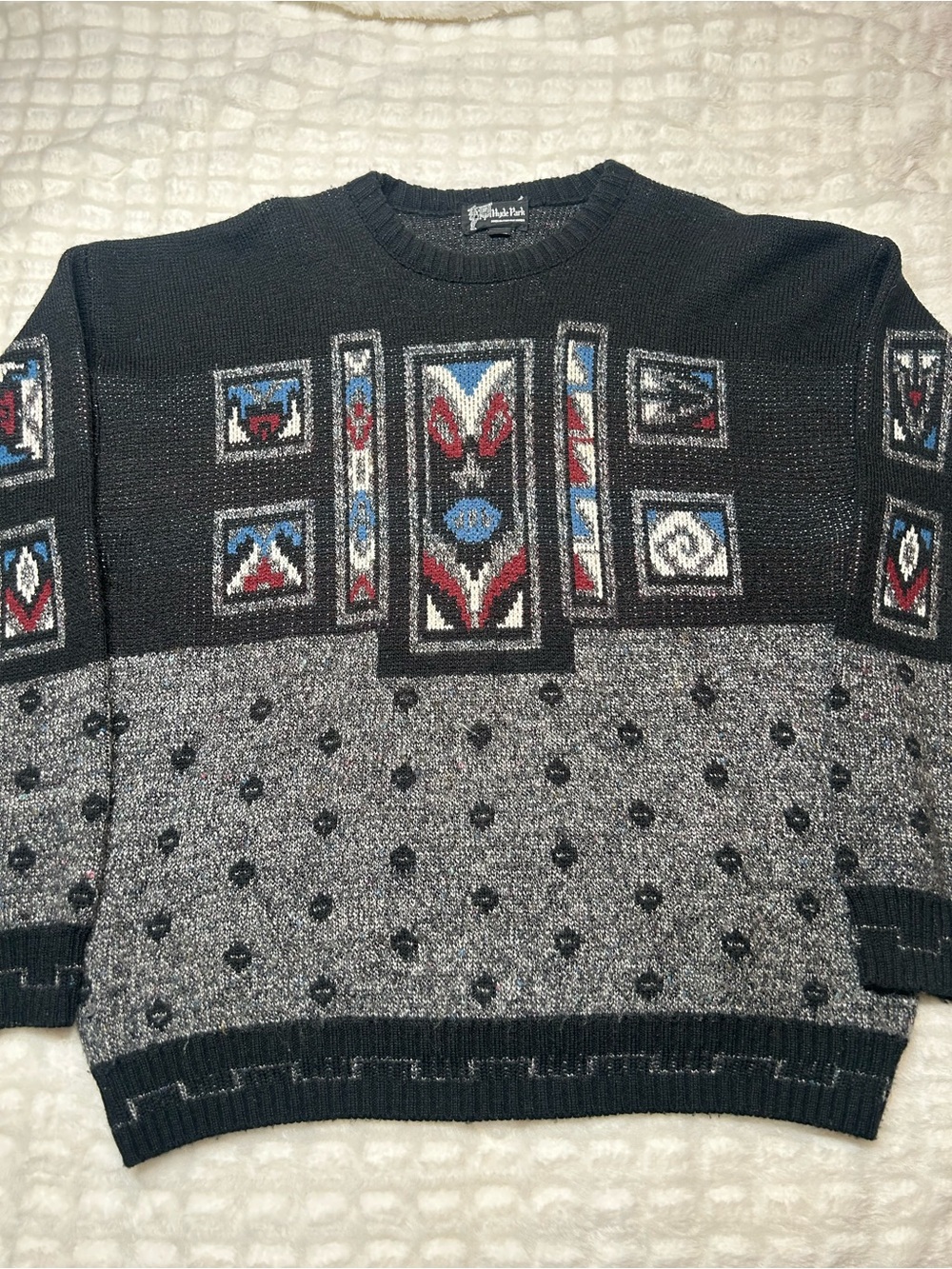 HP Black & Gray Geometric Crewneck with Red & Blue Accents